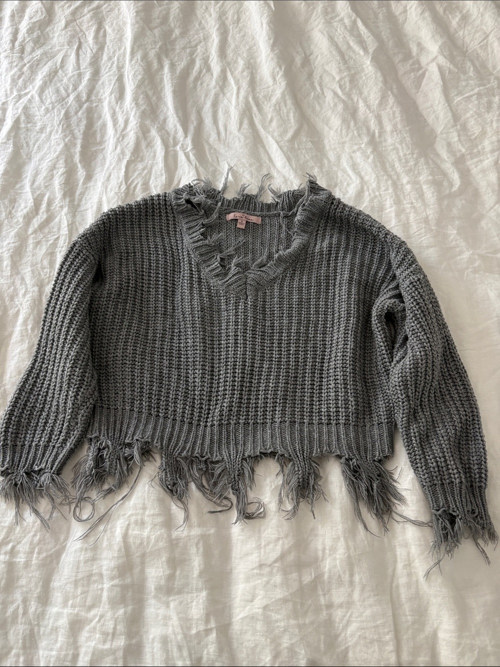 Love Tree Gray Distressed V-Neck Cropped Sweater
